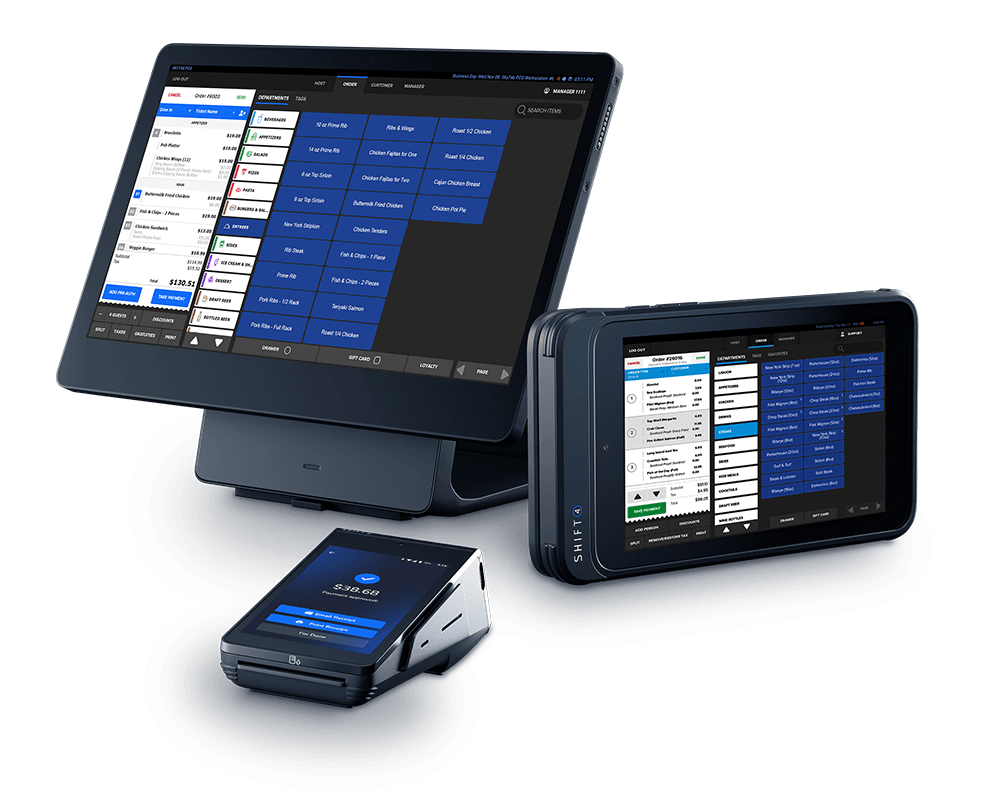 A tablet and computer are shown next to each other.