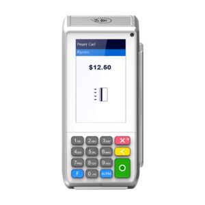 A credit card machine with the screen up.