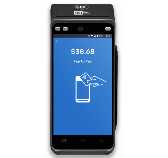 A smart phone with a credit card on the screen.