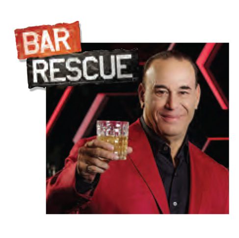 A man holding a glass of whiskey in front of the words bar rescue.