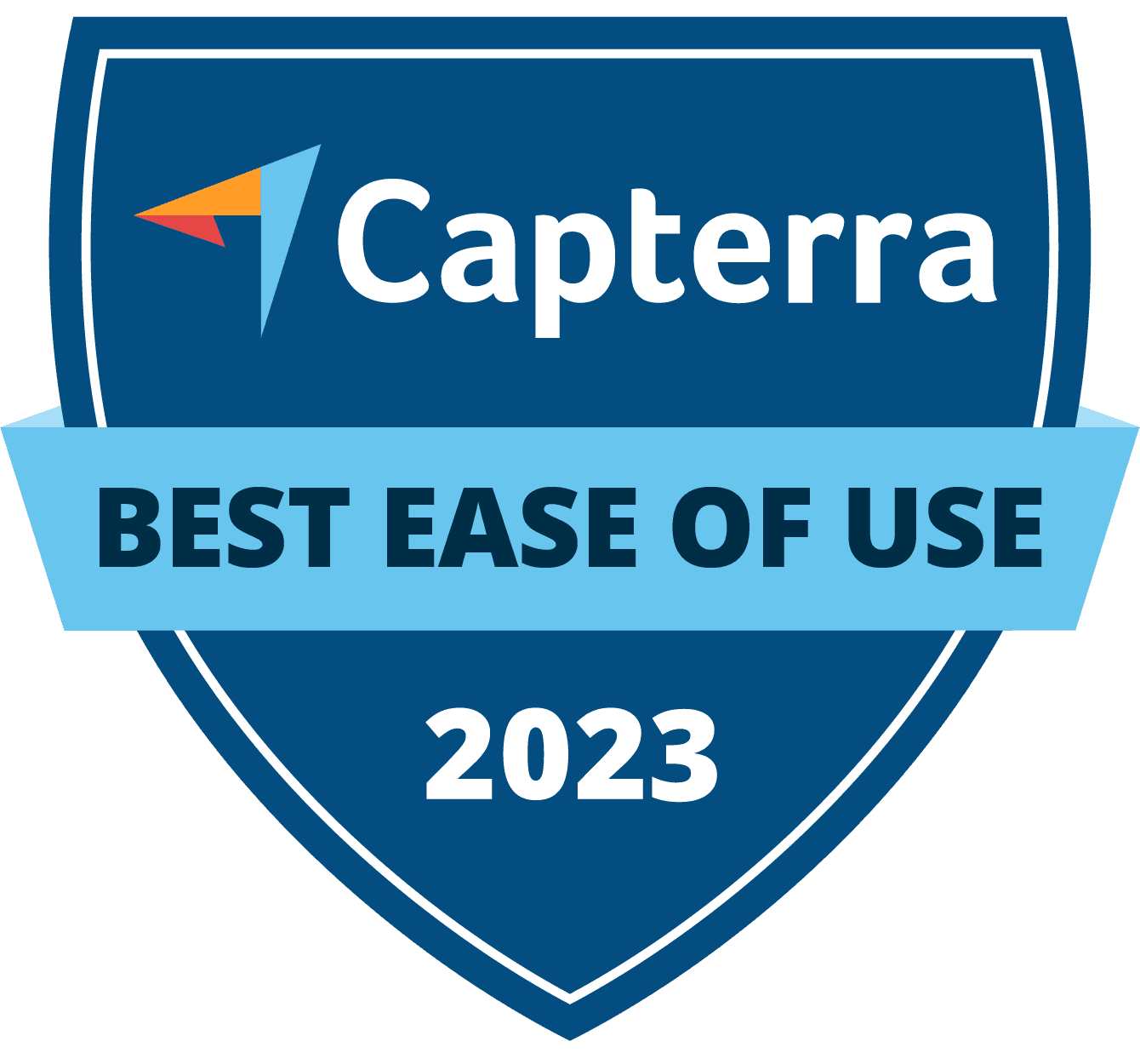 A blue shield with the words " capterra best ease of use 2 0 2 3 ".