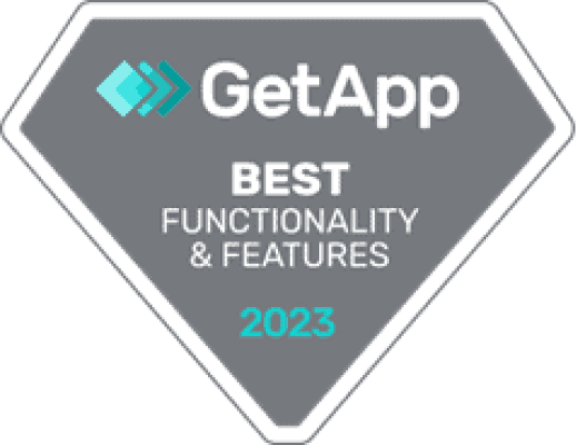 A badge that says getapp best functionality and features 2 0 2 3