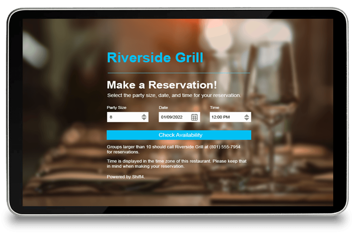 A tablet with the riverside grill reservation screen.