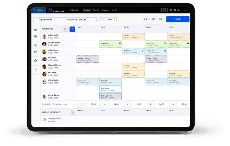 Digital calendar scheduling with colored blocks shown.