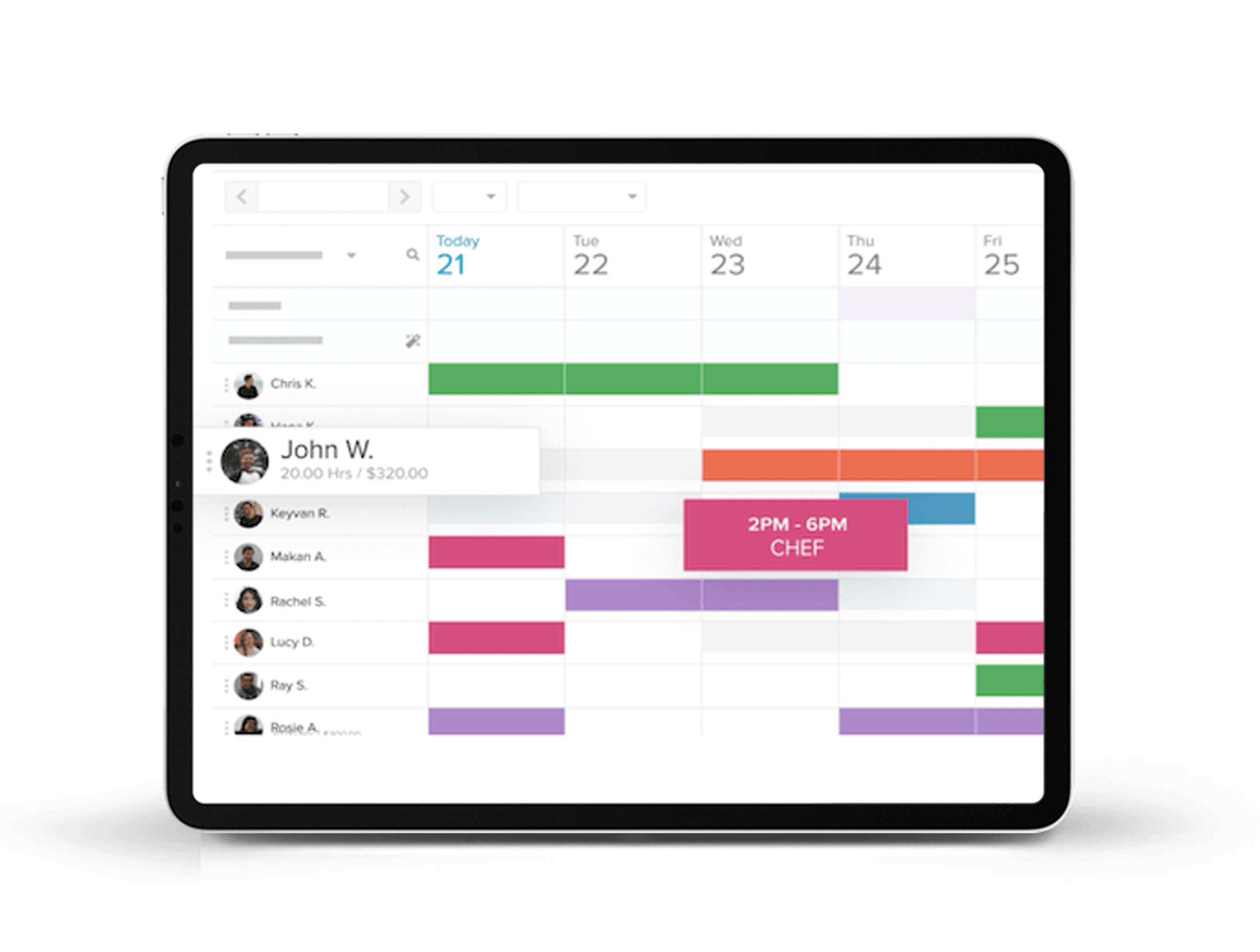 Tablet displaying a colorful scheduling calendar.