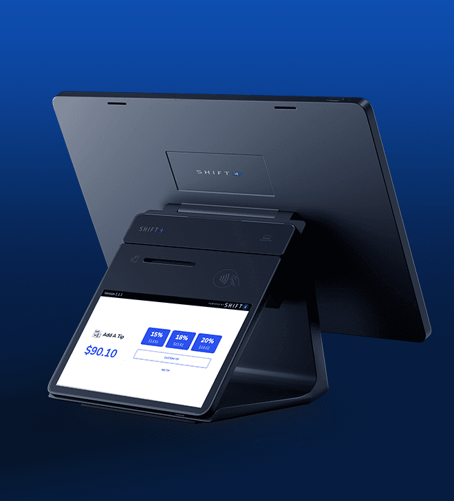 Point of sale terminal on blue background.