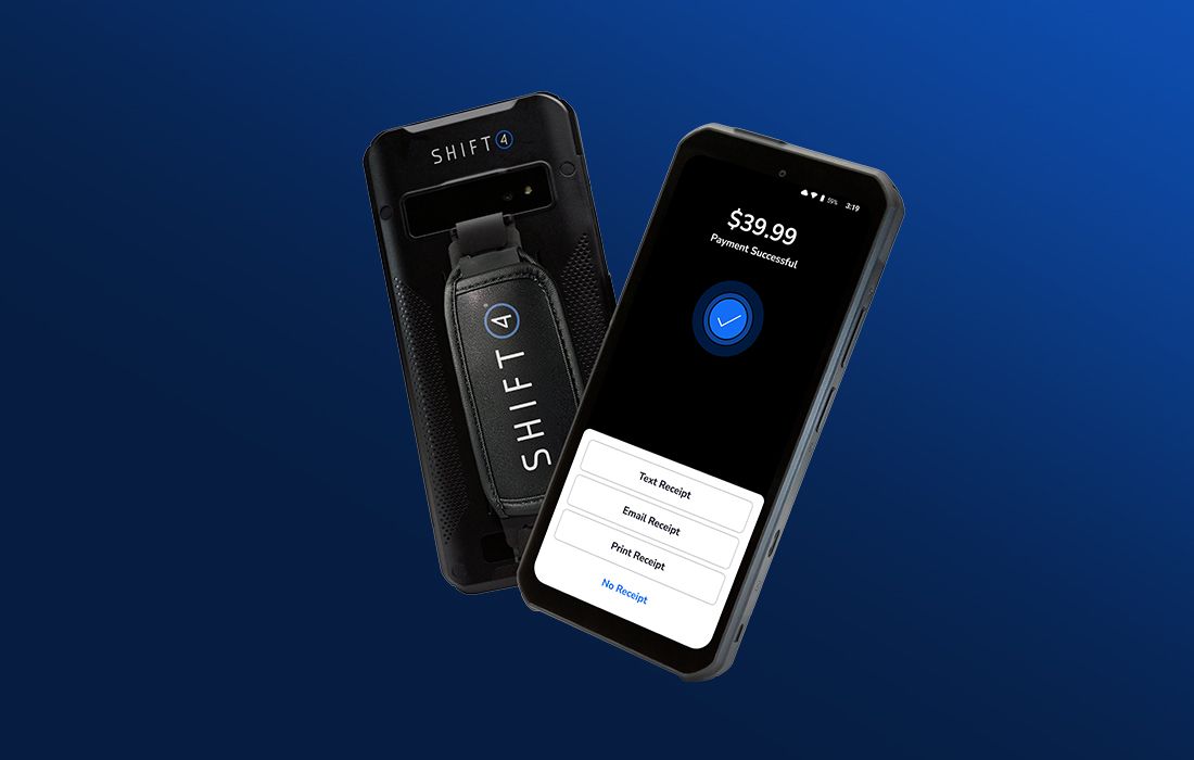 Mobile payment device on blue background