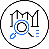 Blue magnifying glass icon on black background.