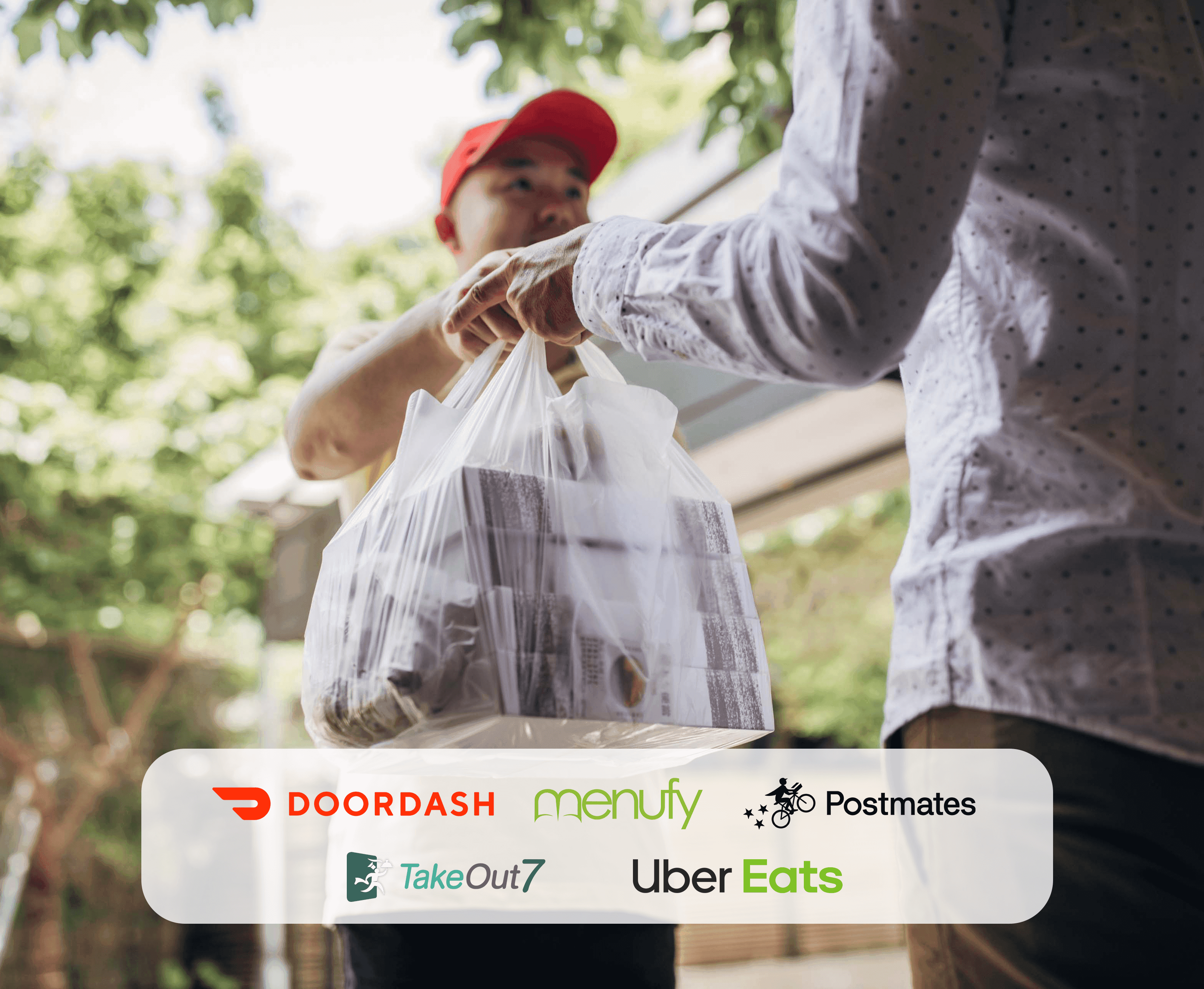 Food delivery person handing over package.