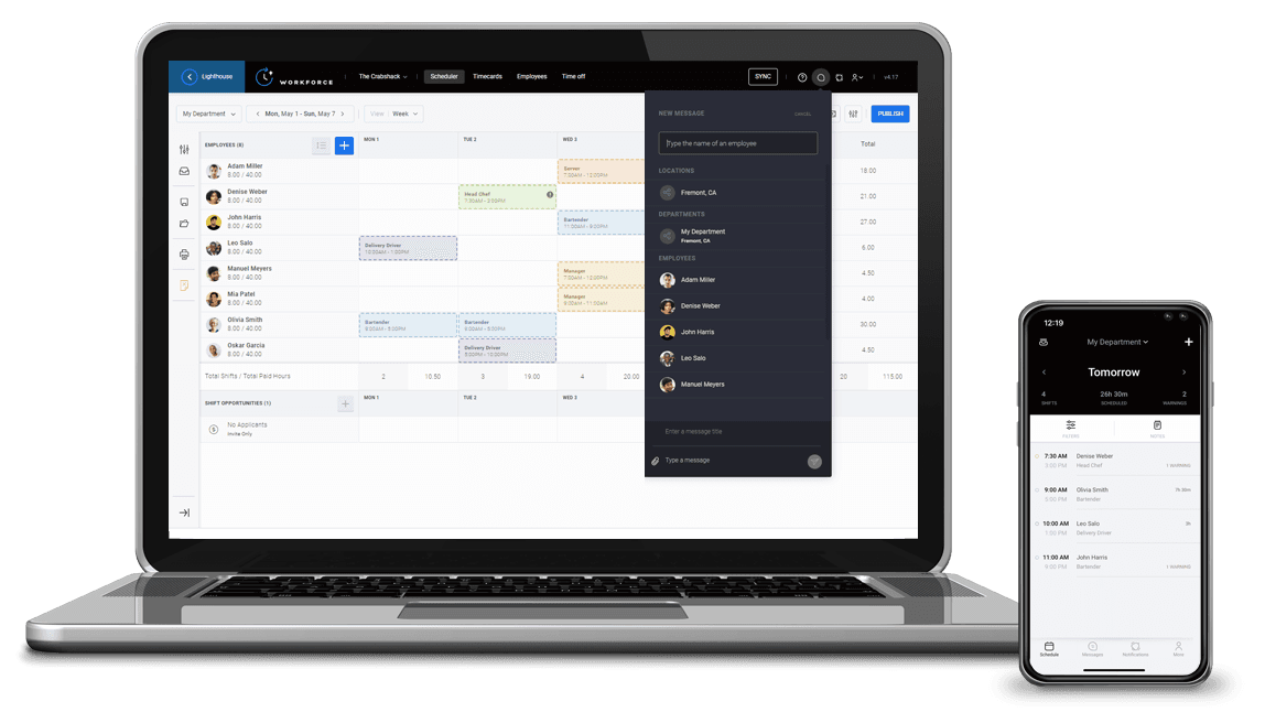 Laptop and smartphone displaying scheduling software interface.