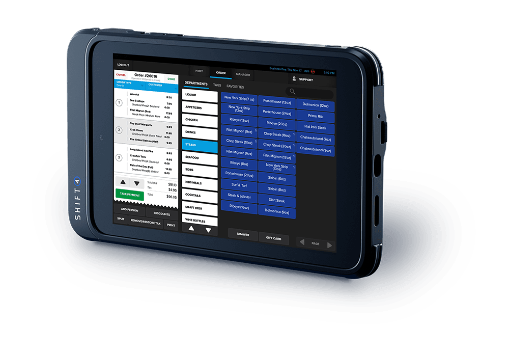 Tablet with digital point-of-sale interface displayed.