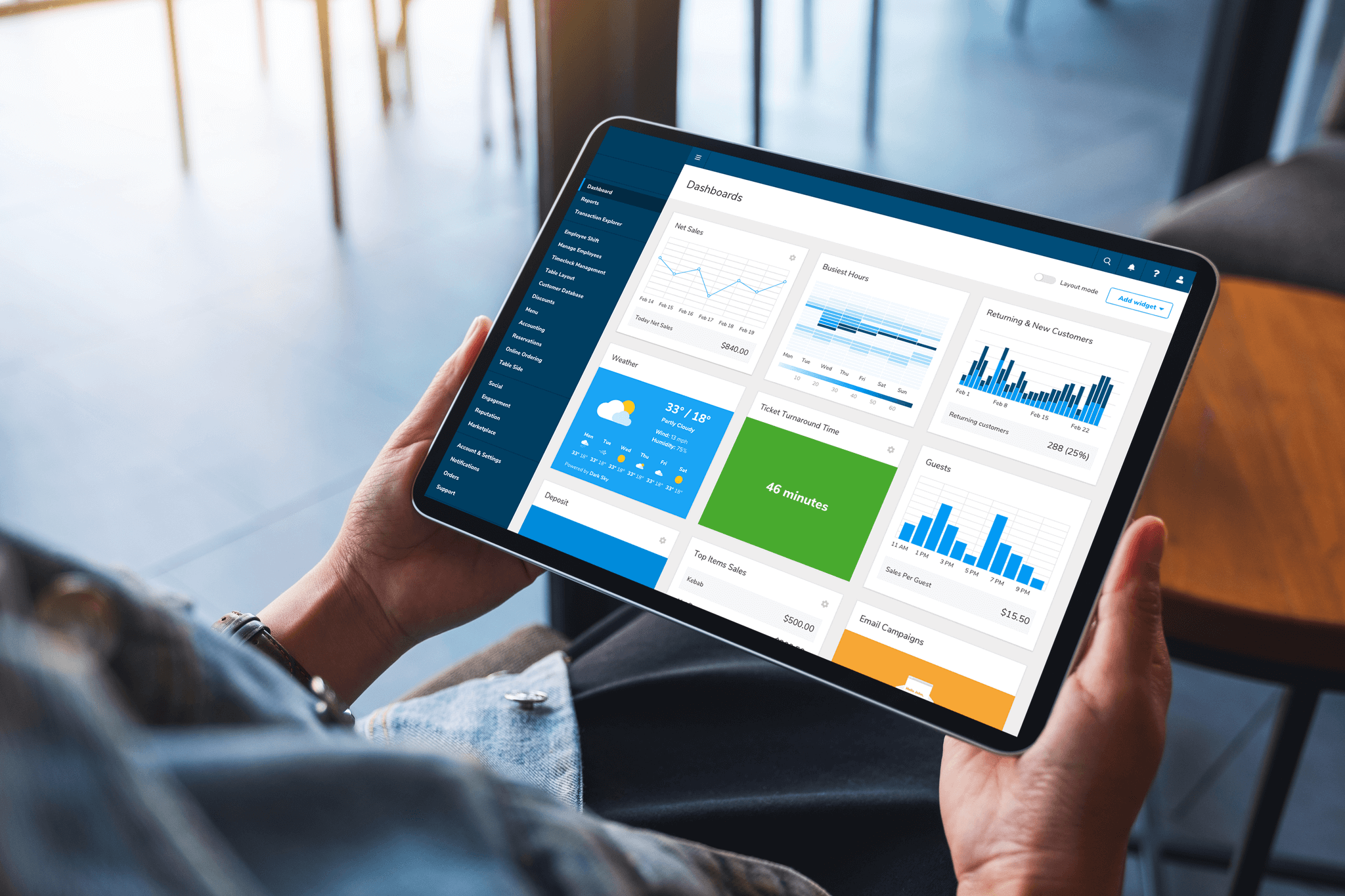 Tablet displaying business analytics dashboard graphs.