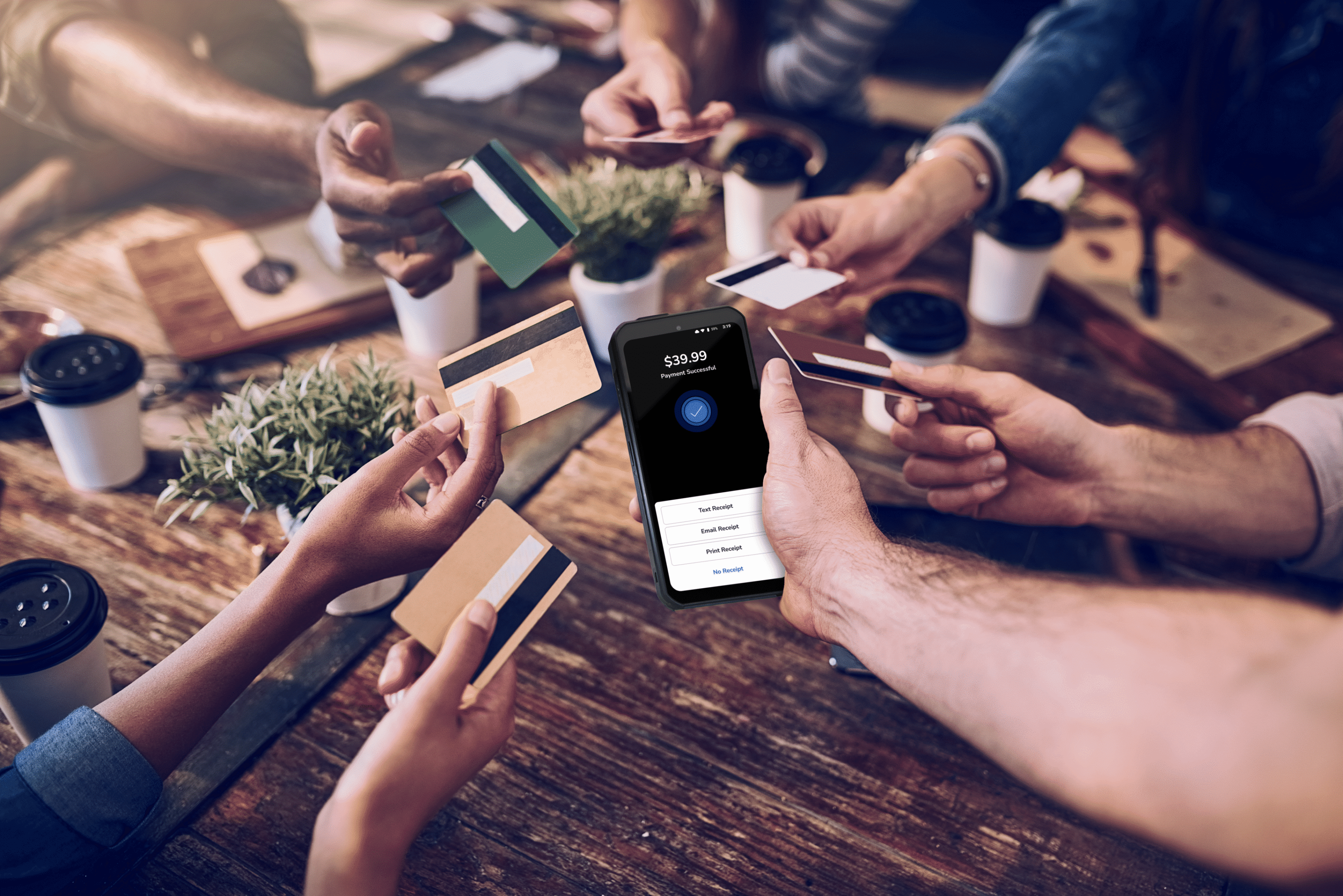 Hands holding credit cards and smartphone payment.