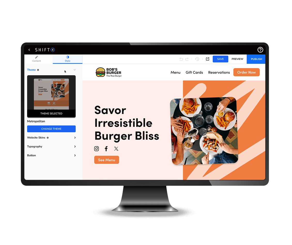 Website design featuring a burger restaurant advertisement.