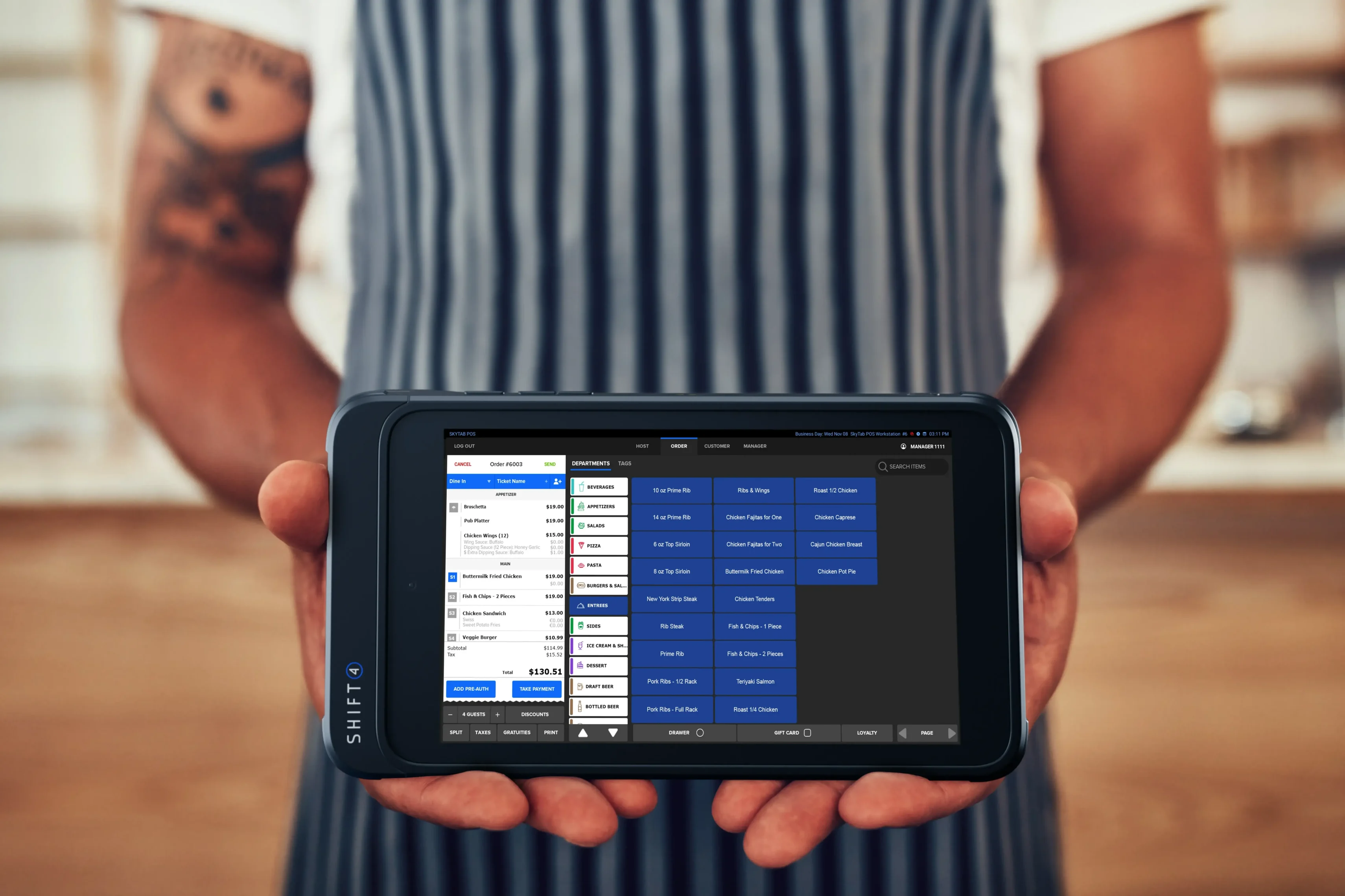 Tablet displaying restaurant ordering system.