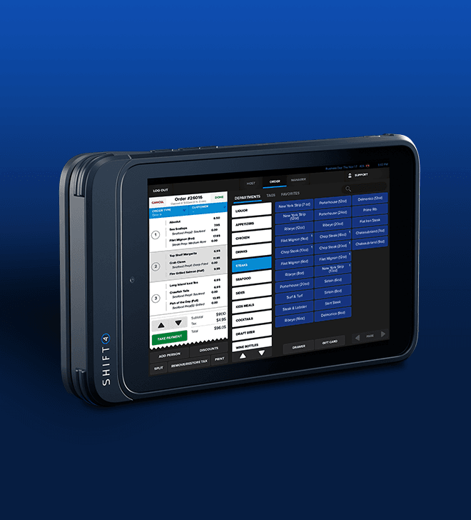 Tablet displaying scheduling software on blue background.