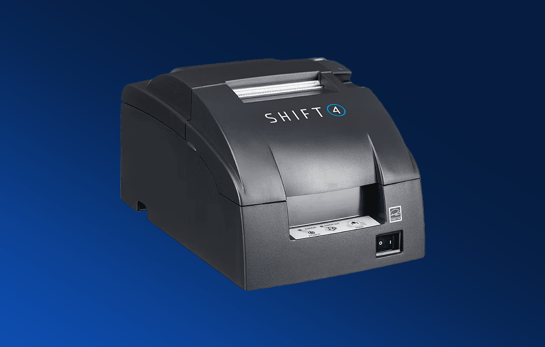 Black receipt printer on blue background.