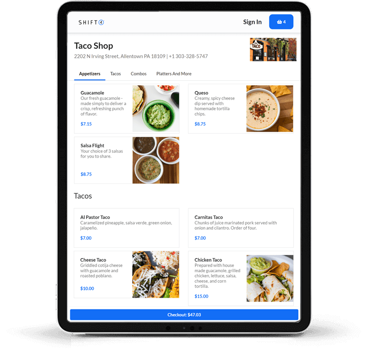 Tablet displaying online taco shop menu.