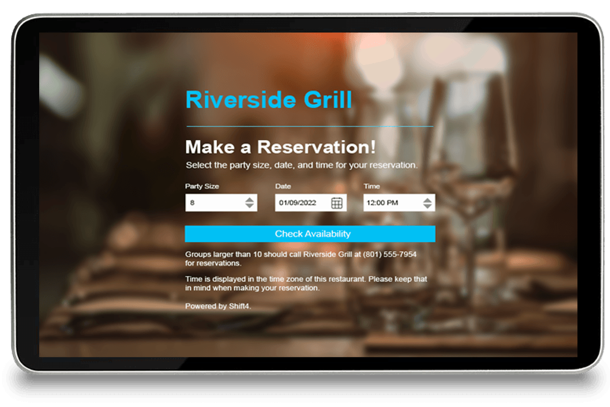 Tablet displaying Riverside Grill reservation screen.