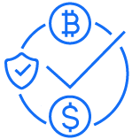 Bitcoin and dollar symbols with security icon.