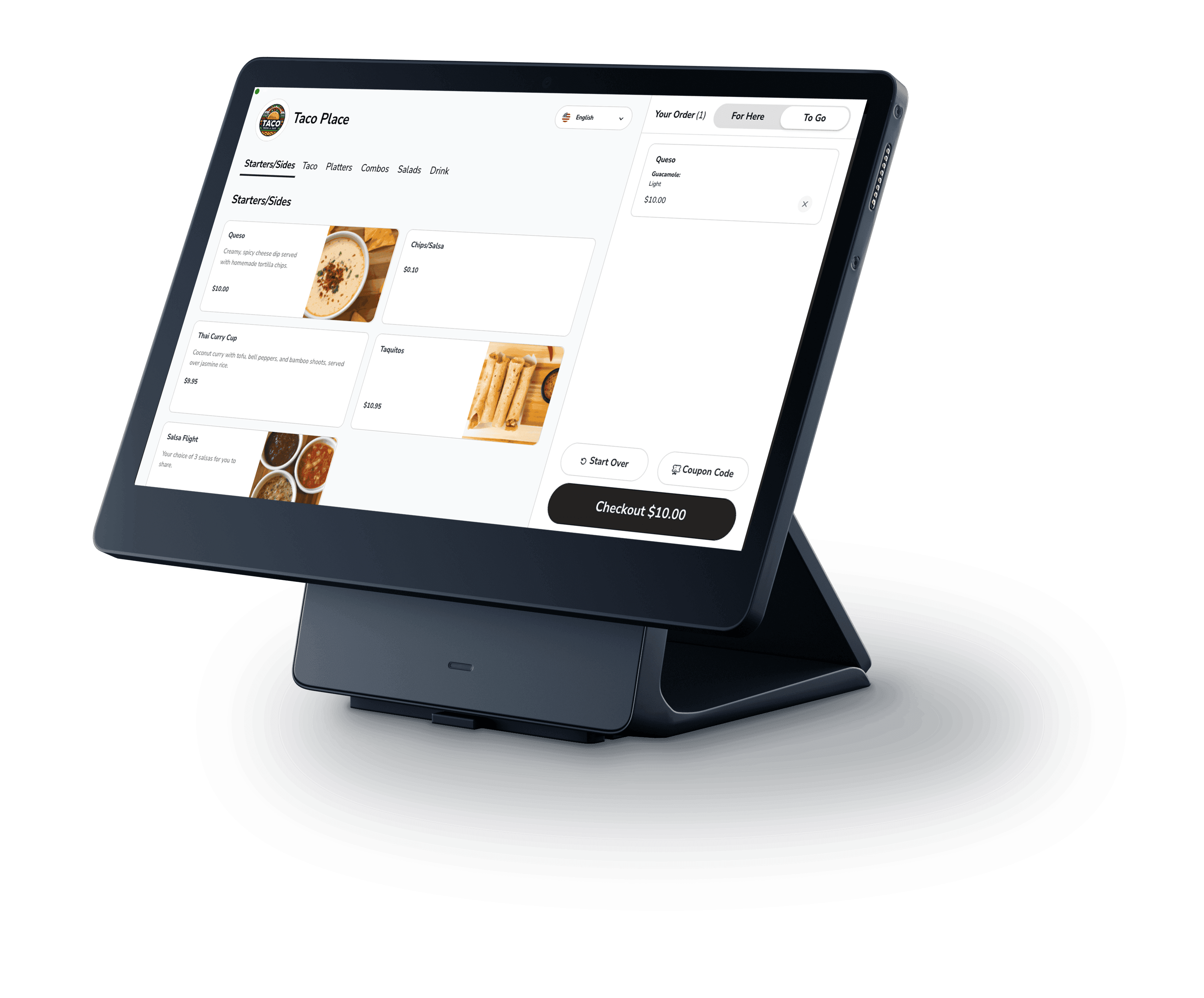 Touchscreen device displaying restaurant menu interface.