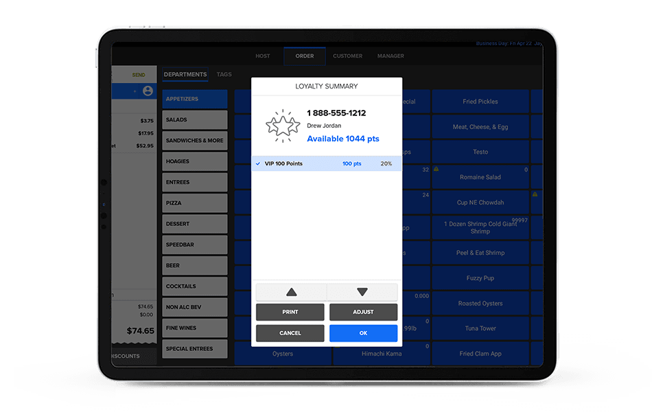 Tablet displaying a loyalty points summary screen.