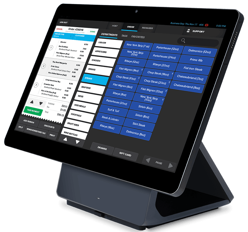 Restaurant point-of-sale system displaying menu options.