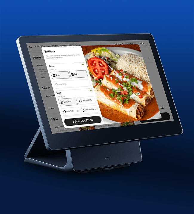 Digital menu screen displaying enchiladas dish.