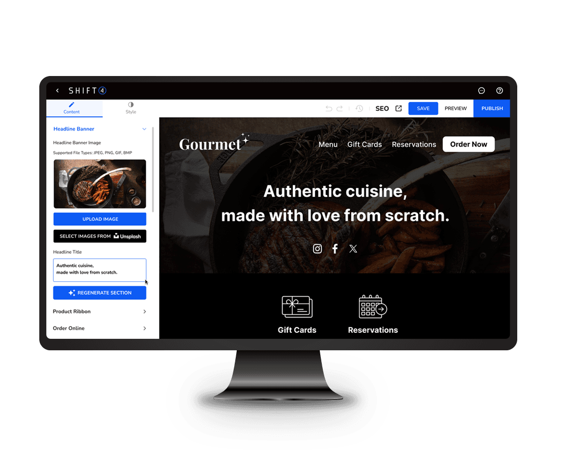 Website design interface displaying restaurant homepage.