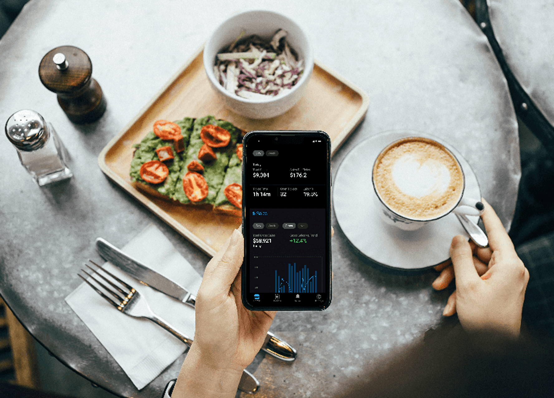 Avocado toast and cappuccino with smartphone
