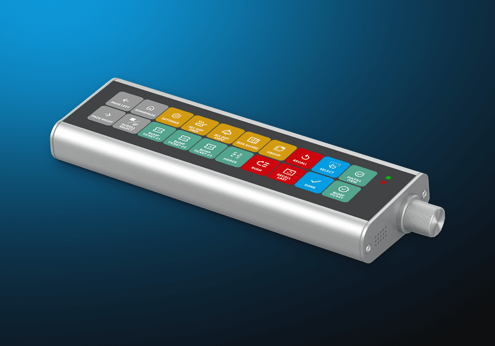 Colorful control panel with buttons on blue.