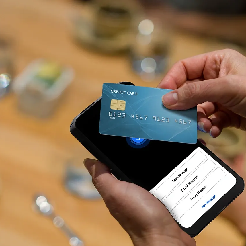 Credit card tapping on a smartphone screen.