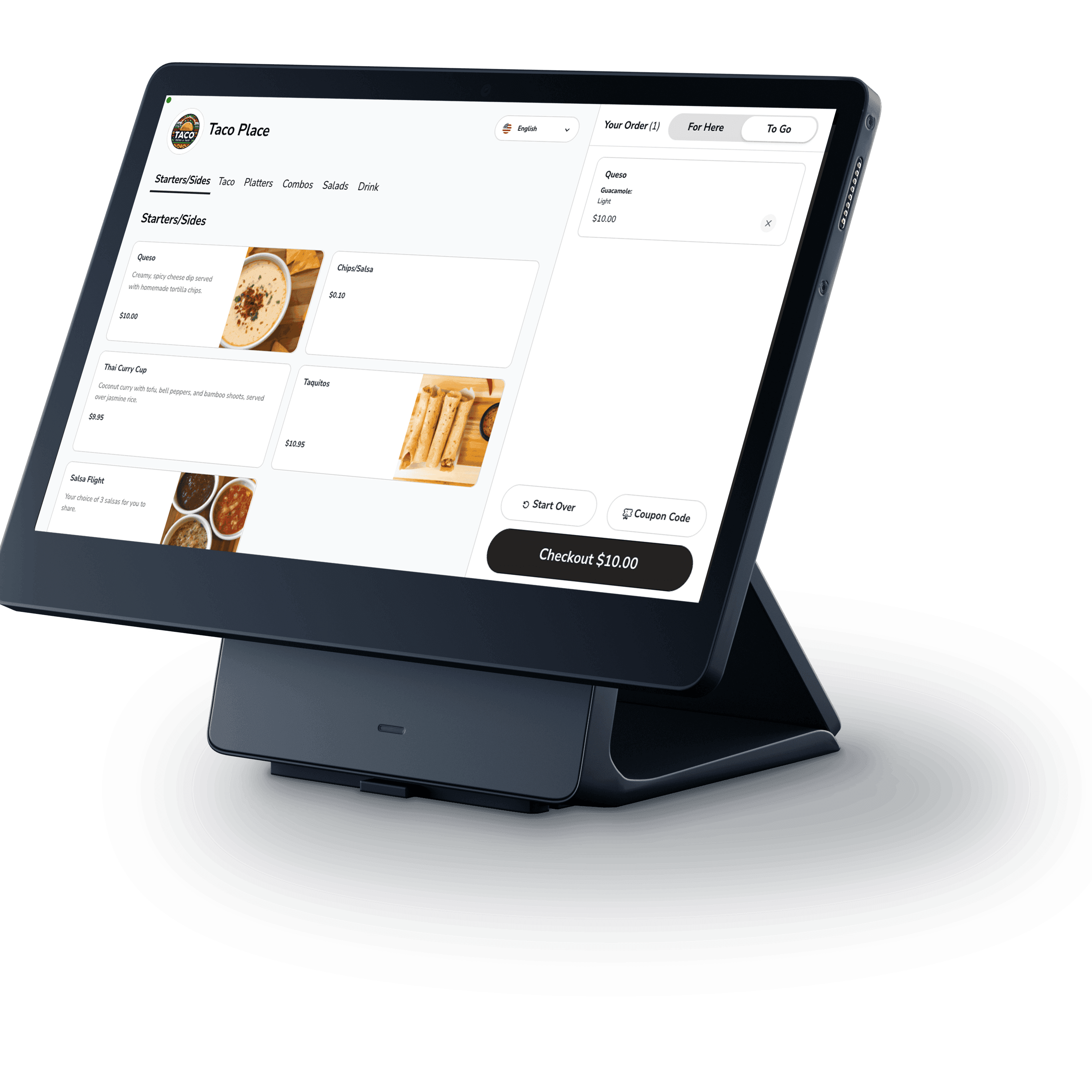 Tablet displaying digital menu with food images.