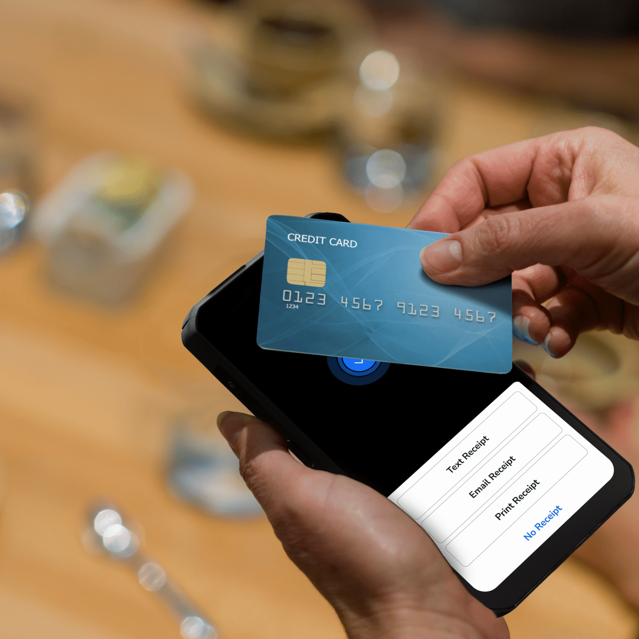 Contactless payment with credit card and phone.